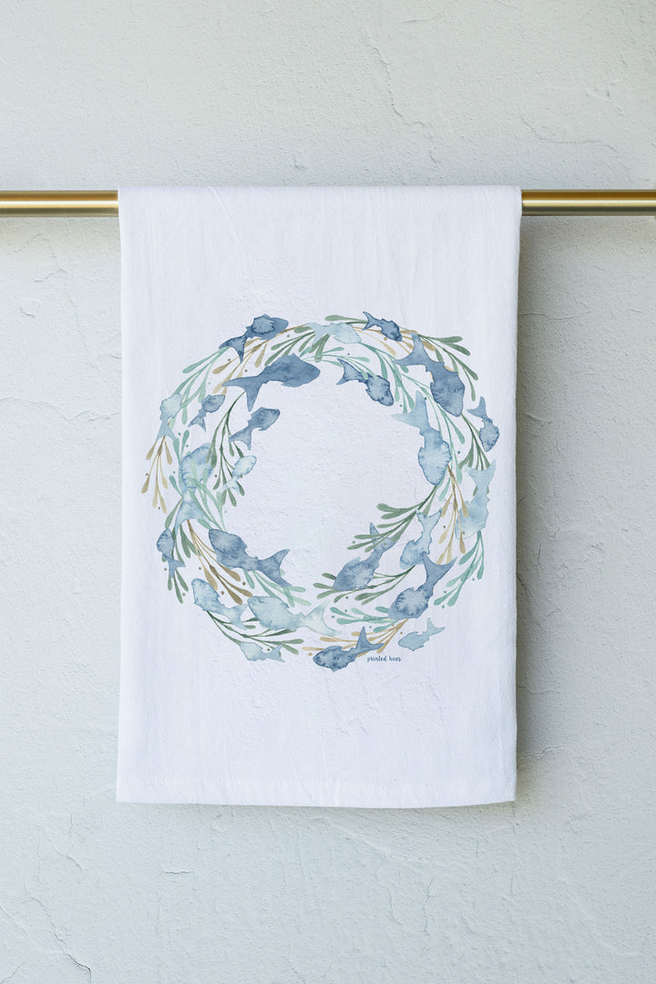 Circling Fish Wreath Holiday Tea Towel