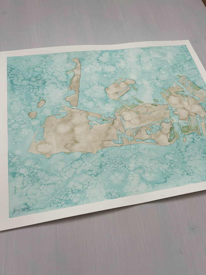 Key West Original Coastal Watercolor Map